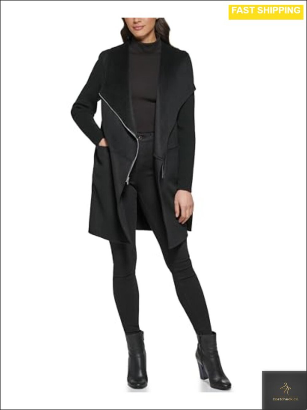 Asymmetrical Zip Front Double Face Wool Coat with Rib Knit Sleeves